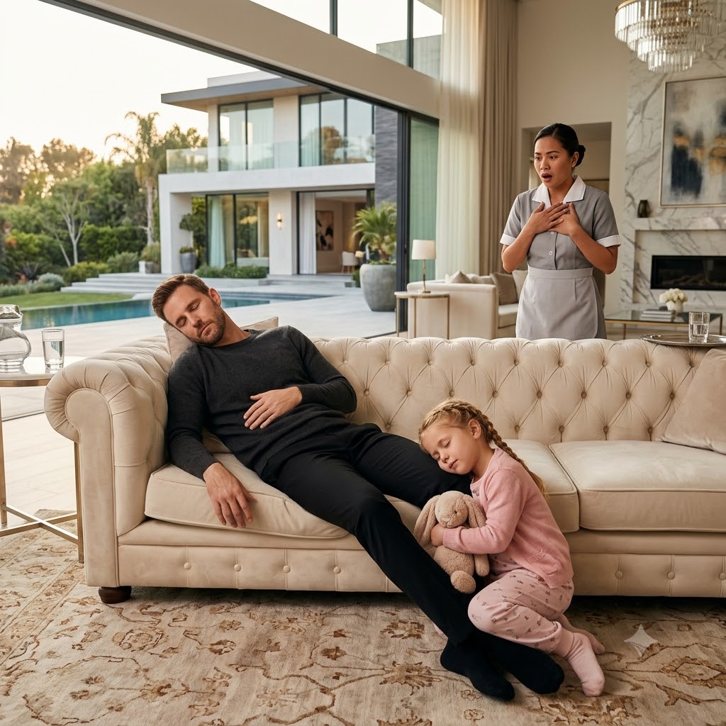 The billionaire, fast asleep on the sofa, woke up because of the maid’s daughter. He pretended to be asleep again, but the little girl’s words left him speechless.