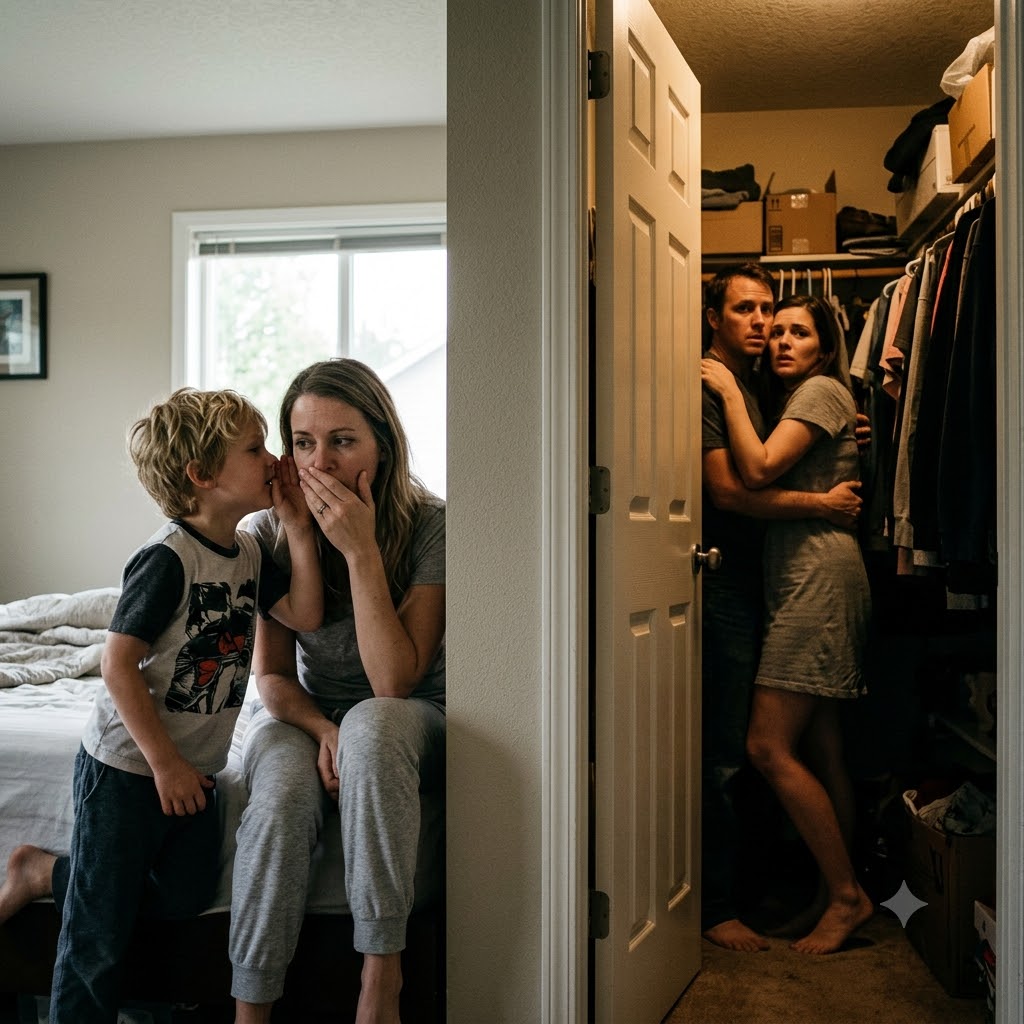 I came home from work, shut the bedroom door to change, and my five-year-old son suddenly whispered something that made my blood run cold: “Daddy kissed the lady who wears your robe… but it’s a secret.”