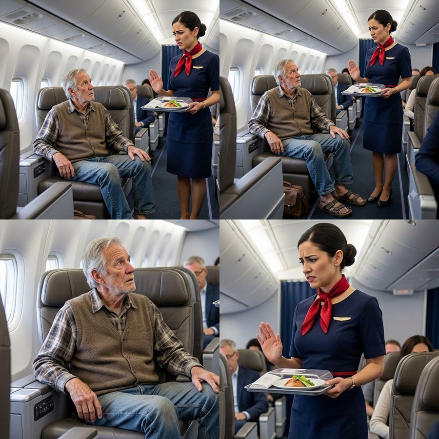 The old man in worn-out slippers was denied a meal by the flight attendant on the plane—after landing, he fired the entire crew. 